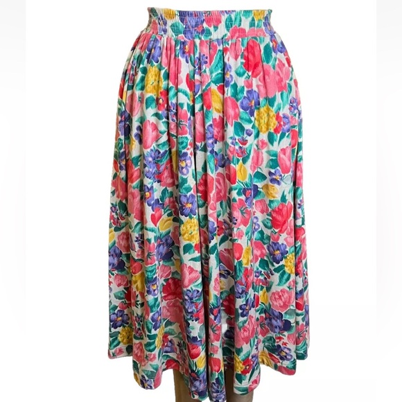 Vintage Dresses & Skirts - Vintage 1980s 90’s Floral Circle Full Maxi Skirt Purple Pink Roses M/L Retro